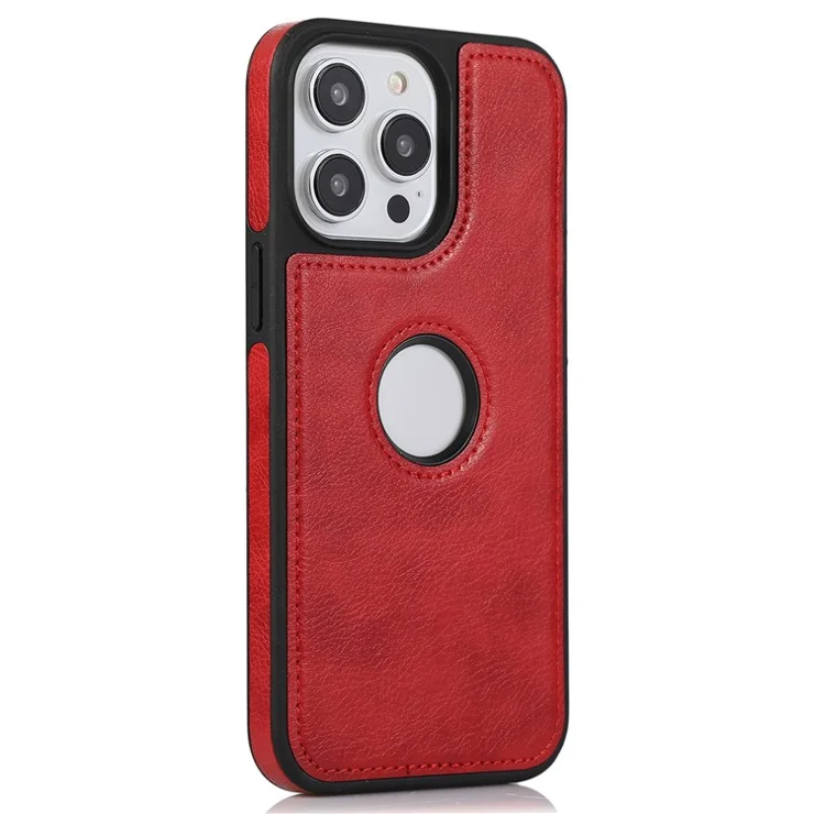 For iPhone 15 Pro Max Case PU Leather Coated TPU Solid Color Logo View Mobile Phone Cover - Red