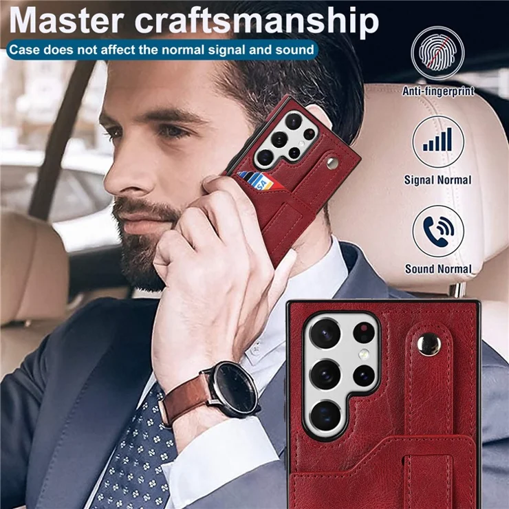 PU Leather Case for Samsung Galaxy S24 Ultra Shell Retro RFID Blocking Wristband Phone Cover - Red