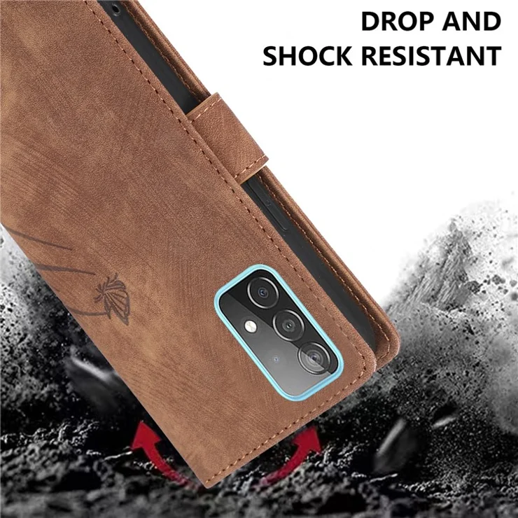 For Samsung Galaxy A73 5G Case Wallet Leather Cover Orchid Butterfly Pattern - Brown