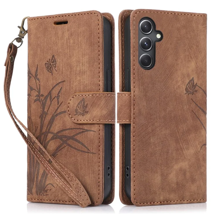 For Samsung Galaxy S24+ Leather Case Phone Wallet Orchid Butterfly Pattern - Brown
