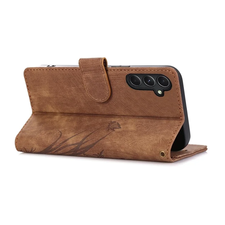 For Samsung Galaxy S24+ Leather Case Phone Wallet Orchid Butterfly Pattern - Brown