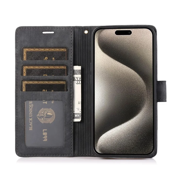 For iPhone 15 Pro Max Leather Case Orchid Butterfly Flip Wallet Phone Cover - Black