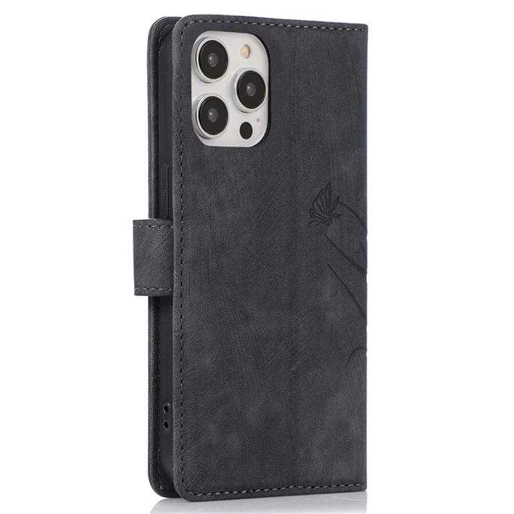 Wallet Stand Cover for iPhone 13 Pro Max Leather Case with Wrist Strap - Black