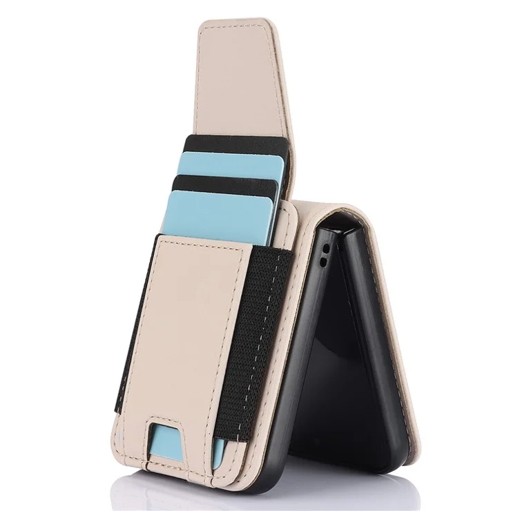 For Samsung Galaxy Z Flip5 5G Crossbody Phone Case Card Holder Leather Cover - Apricot
