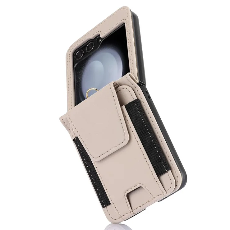 For Samsung Galaxy Z Flip5 5G Crossbody Phone Case Card Holder Leather Cover - Apricot
