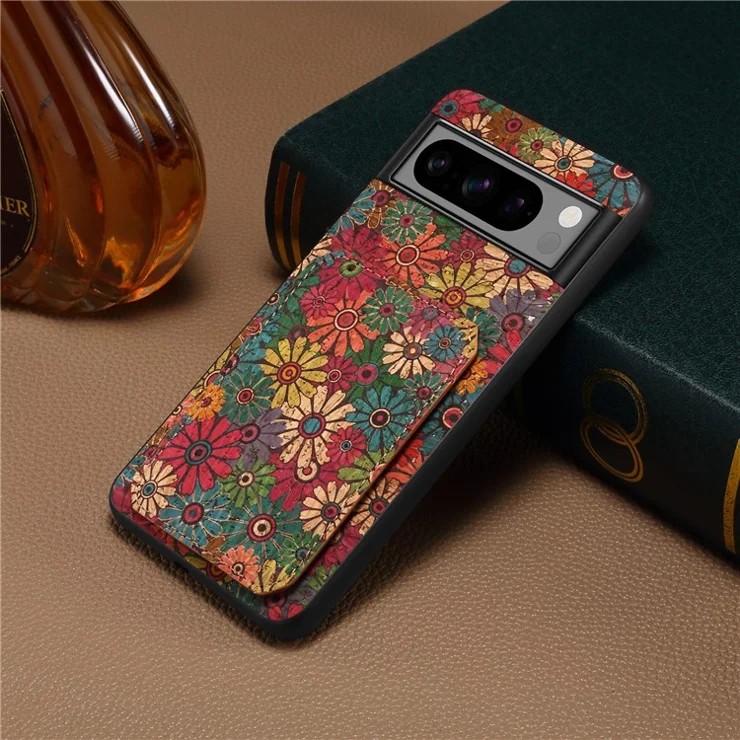 For Google Pixel 8a Flower Magnetic Back Case PU Leather Kickstand Card Slots Phone Cover - Spring / Green