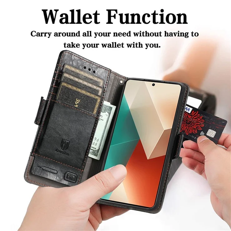 For Xiaomi Redmi Note 13 5G Phone Cases CASENEO PU Leather Cover Stand with RFID Blocking Wallet - Red