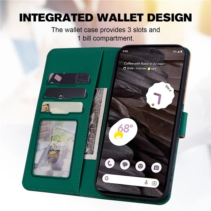 Cartoon Pet Series for Google Pixel 7a Shockproof Case Wallet Phone Cover - Blackish Green