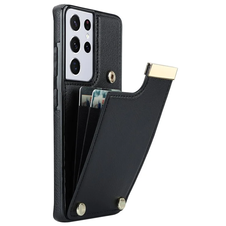 For Samsung Galaxy S21 Ultra 5G Case Shockproof TPU+PU Leather+Metal Hardware Phone Back Shell - Black