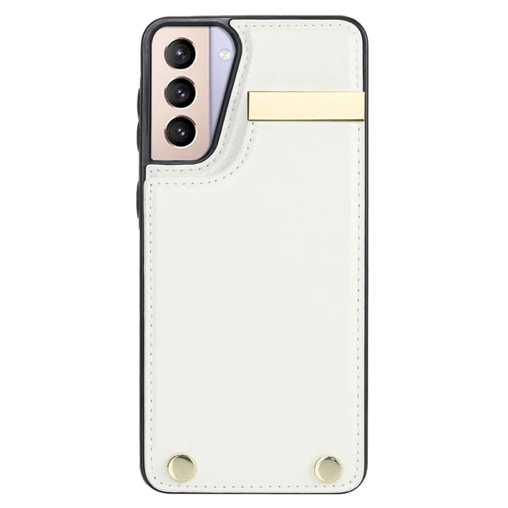 For Samsung Galaxy S21 5G / S21 4G Case Card Bag TPU+Leather Phone Back Cover with Metal Decor - White