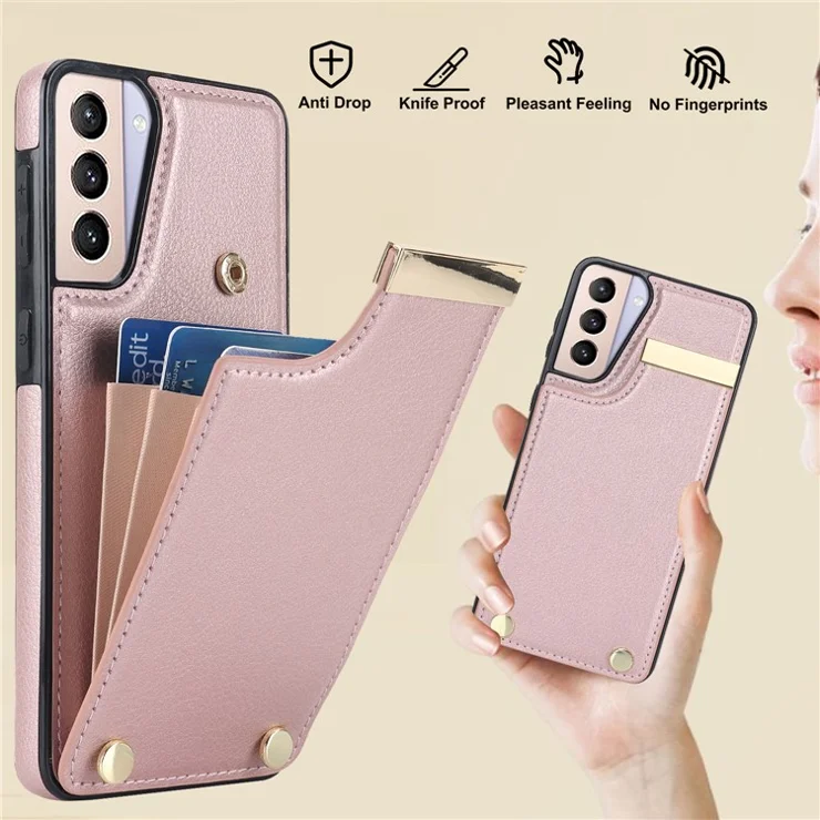 For Samsung Galaxy S21 5G / S21 4G Case Card Bag TPU+Leather Phone Back Cover with Metal Decor - Rose Gold