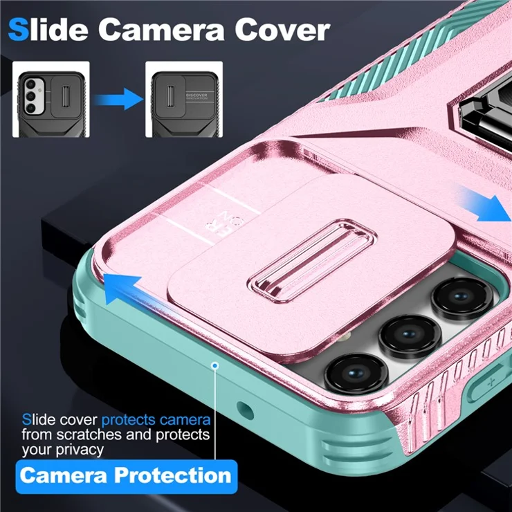 For Samsung Galaxy A15 4G Phone Case PC TPU Dual Layer Shockproof Cover Slide Lens Protection - Pink+Cyan