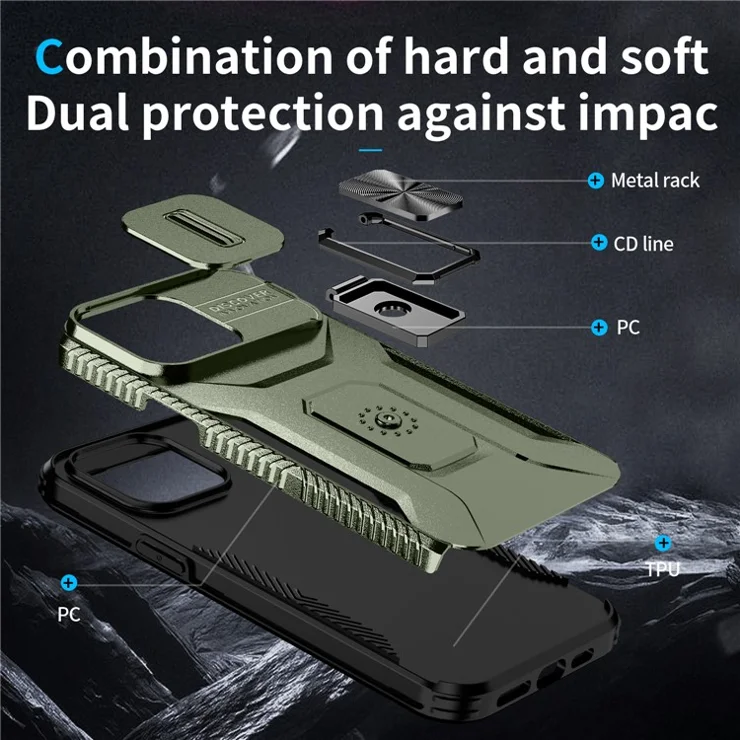 For iPhone 13 Pro Max Kicstand Phone Case with Camera Lens Cover Slider Dual Layer Protection - Green
