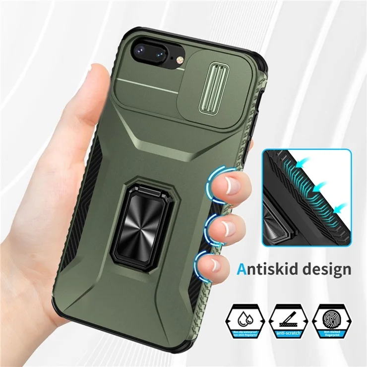 For iPhone 7 Plus / 8 Plus Case Hybrid TPU PC Phone Cover Rotating Kickstand Slide Camera Cover - Green