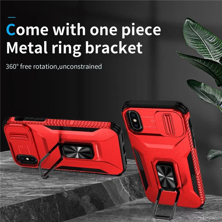 For iPhone X / XS Case with Camera Cover Slider, PC+TPU Armour Phone Shell - Red