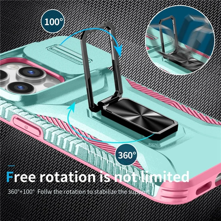 For iPhone 14 Pro Cell Phone Case Slide Lens Lid PC+TPU Ring Kickstand Protective Cover - Cyan+Pink