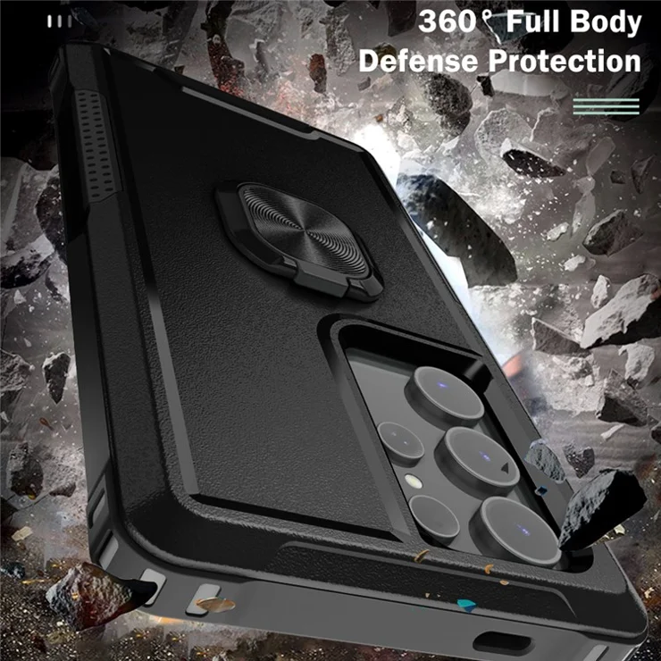 For Samsung Galaxy S24 Ultra Case Shockproof PC+Silicone Phone Cover with Rotary Ring Kickstand - Black