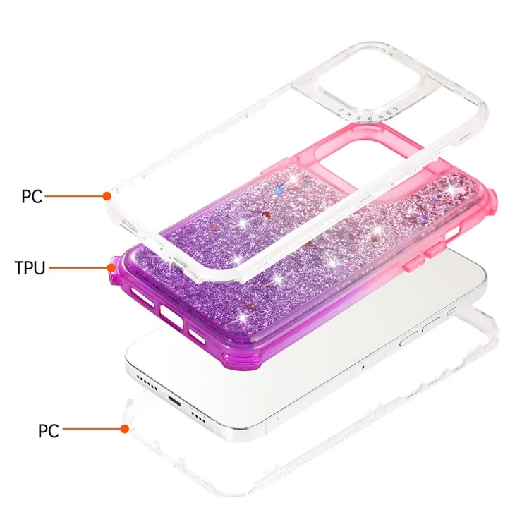 For iPhone 15 Pro Max Case Quicksand Liquid Floating Anti Slip TPU+PC Smart Phone Cover - Pink+Purple