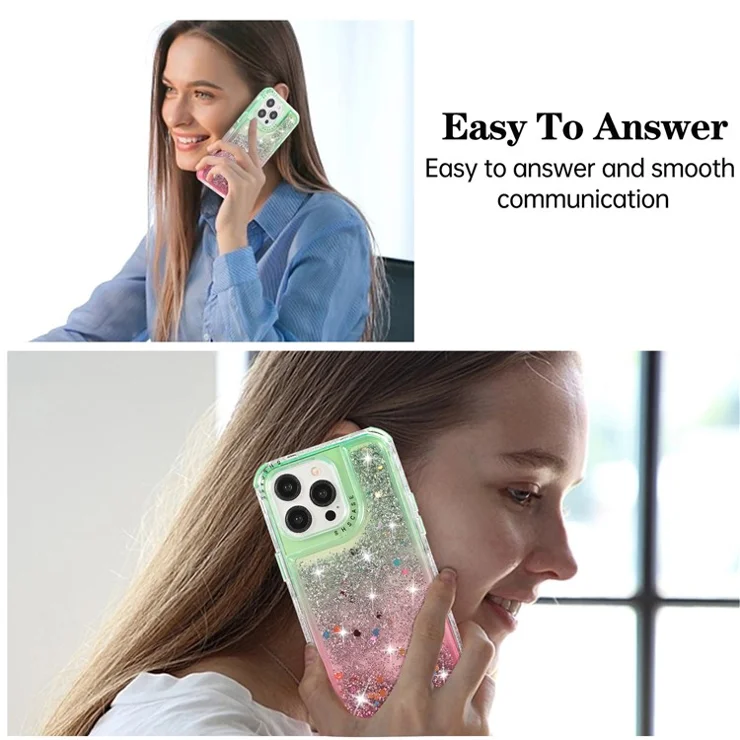 For iPhone 14 Pro Case Gradient Liquid Floating Quicksand Scratch-proof TPU+PC Mobile Phone Cover - Green+Pink