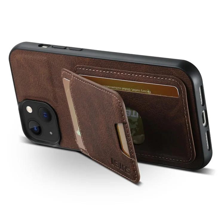 SUTENI H02 For iPhone 13 6.1 inch Case Litchi Texture Vertical Flip Kickstand Phone Cover - Brown