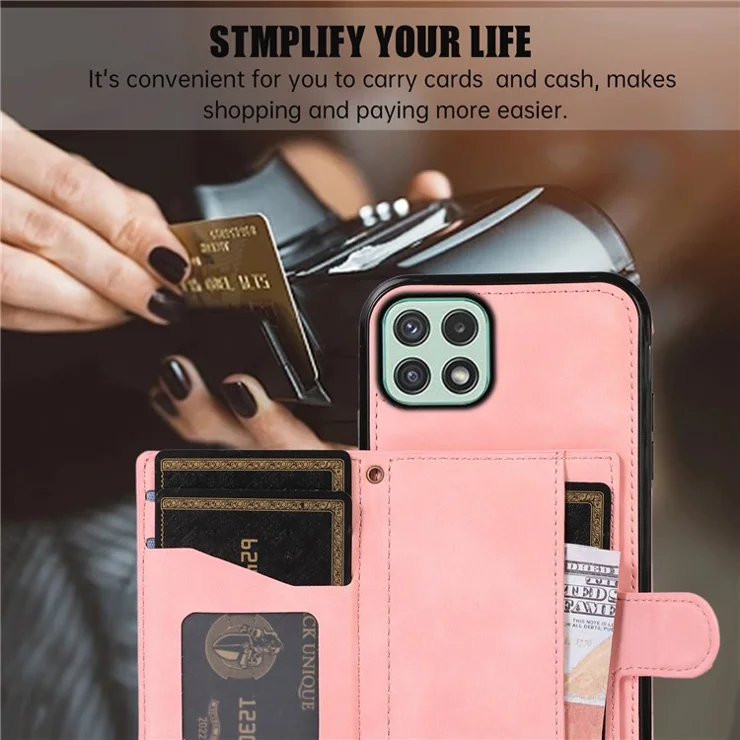 For Samsung Galaxy A22 5G (EU Version) Rhombus Grid Phone Case TPU+PU Leather Kickstand Shell - Rose Gold