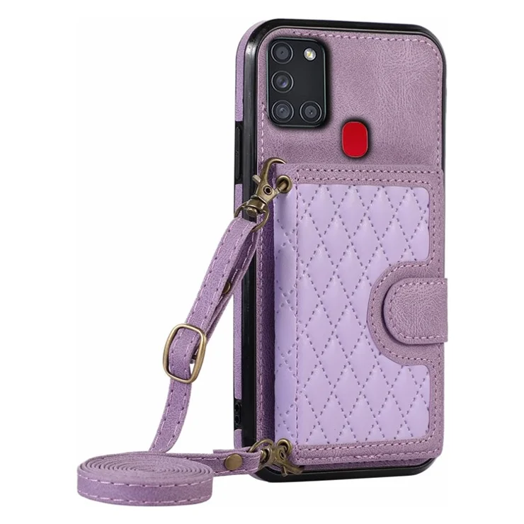 For Samsung Galaxy A21s Phone Case TPU+PU Leather Phone Cover with Card Holder - Purple