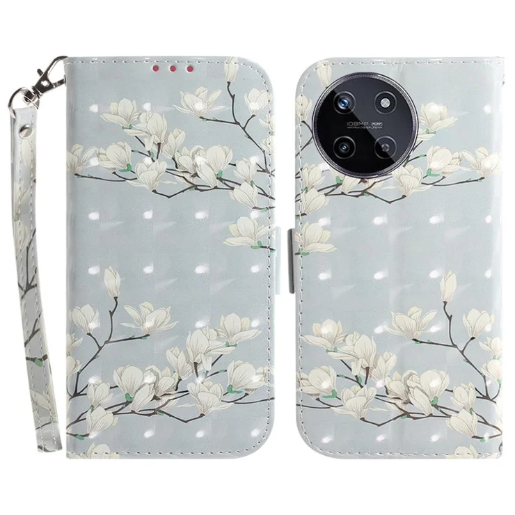 For Realme 11 4G (159.9x73.3x7.95mm) Case 3D Pattern Leather Phone Cover Wallet with Strap - Magnolia