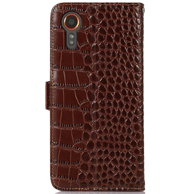For Samsung Galaxy Xcover7 Wallet Case RFID Blocking Genuine Cow Leather Cover - Brown