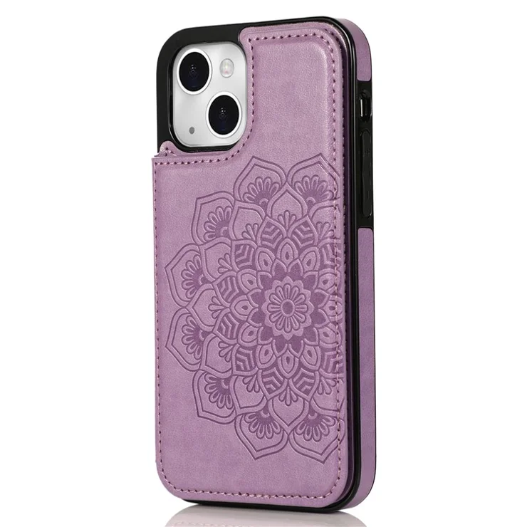 For iPhone 15 Plus Case PU Leather+TPU Imprinted Mandala Flower Card Holder Phone Cover - Purple