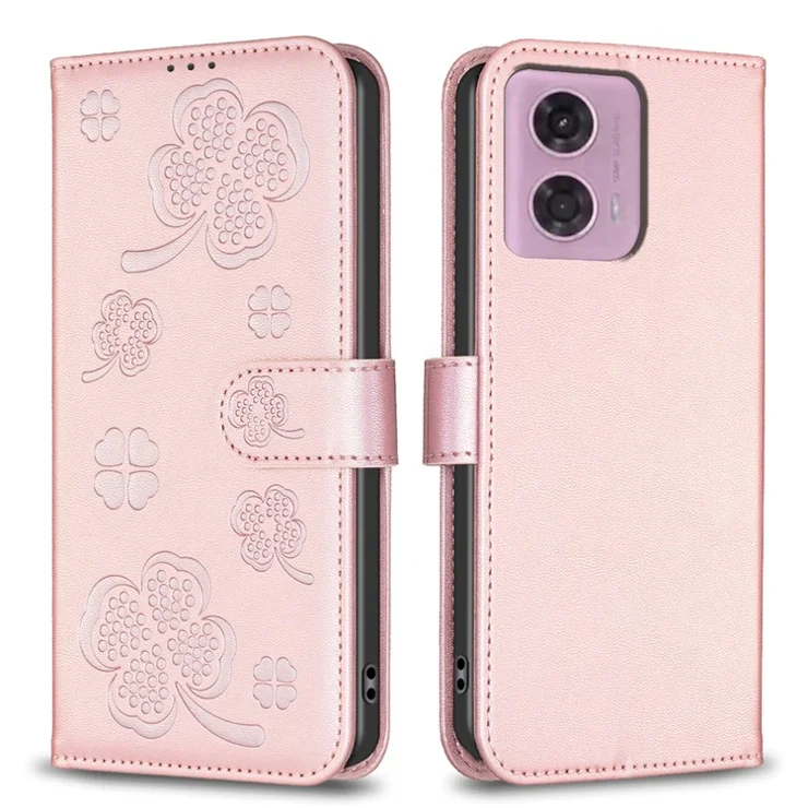 For Motorola Moto G45 5G / G34 5G Leather Case Clover Pattern Wallet Phone Cover - Pink