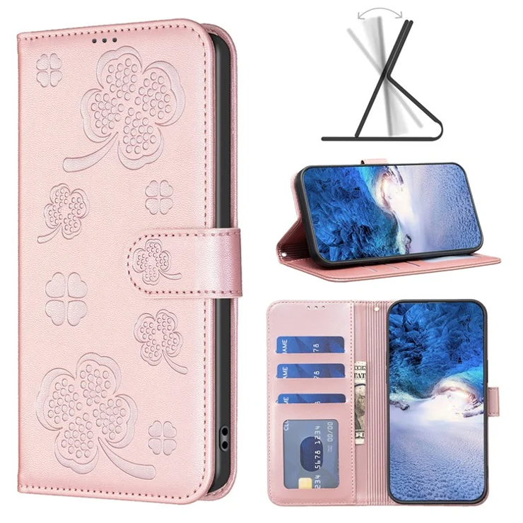 For Motorola Moto E14 4G / G04 4G / G04s 4G / G24 4G Clover Pattern Leather Case Phone Wallet Stand - Pink