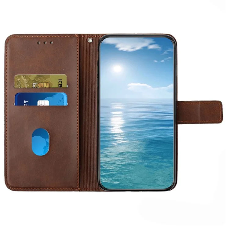 For Samsung Galaxy A55 5G Case Leather Solid Color Imprinted Cover with Wrist Strap - Brown