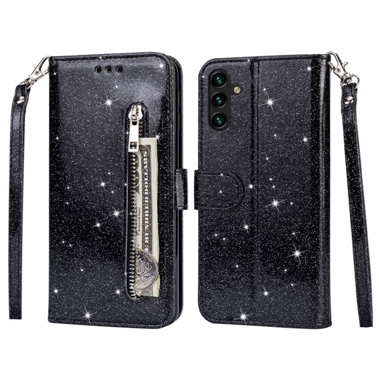 For Samsung Galaxy A55 5G Cell Phone Case Zipper Pocket Wallet Glitter Leather Drop-proof Cover - Black