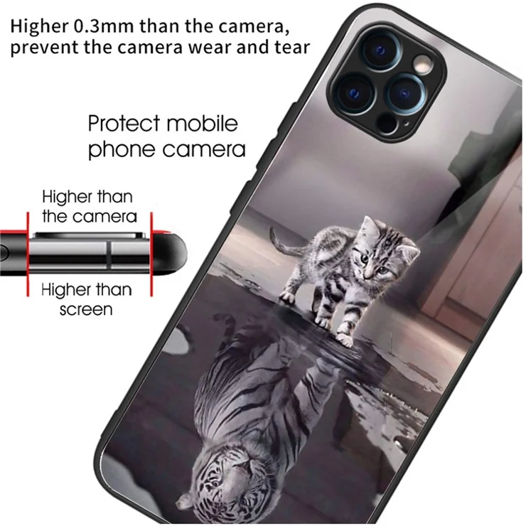 For iPhone 15 Pro Pattern Printing Phone Case Tempered Glass Back + TPU Edge - Cat and Tiger