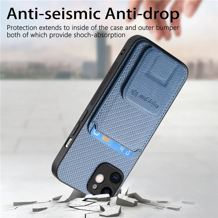 C1-11 Phone Case for iPhone 12 6.1 inch Shell Anti-dust Card Holder Kickstand Cover - Blue