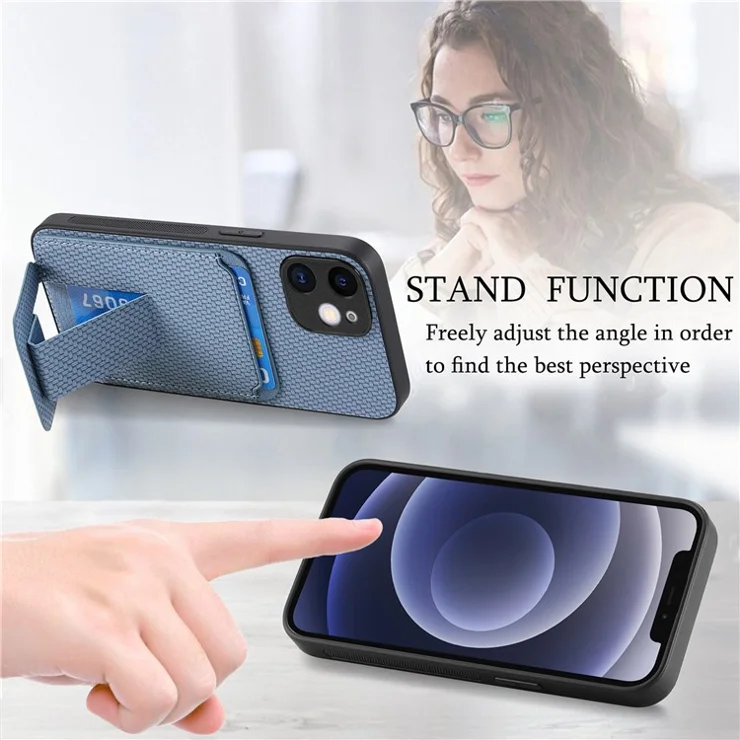 C1-11 Phone Case for iPhone 12 6.1 inch Shell Anti-dust Card Holder Kickstand Cover - Blue