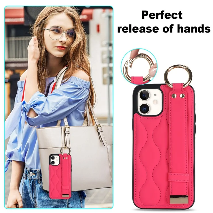 For iPhone 12 mini Case Wave Pattern PU+TPU Kickstand Phone Cover - Rose