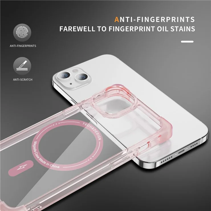 YSM Reinforced Corners Series for iPhone 13 6.1 inch Case Compatible with MagSafe Clear Big Rear Lens Hole Cover - Transparent Pink
