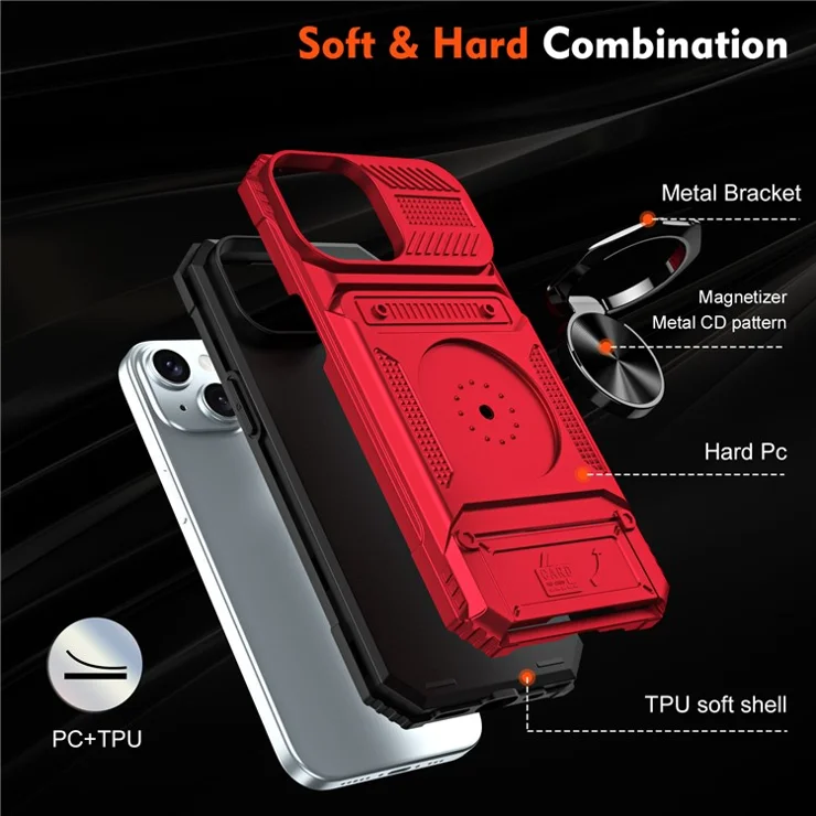 Phone Case for iPhone 15 Anti-Scratch Card Holder PC+TPU Phone Cover with Kickstand - Red
