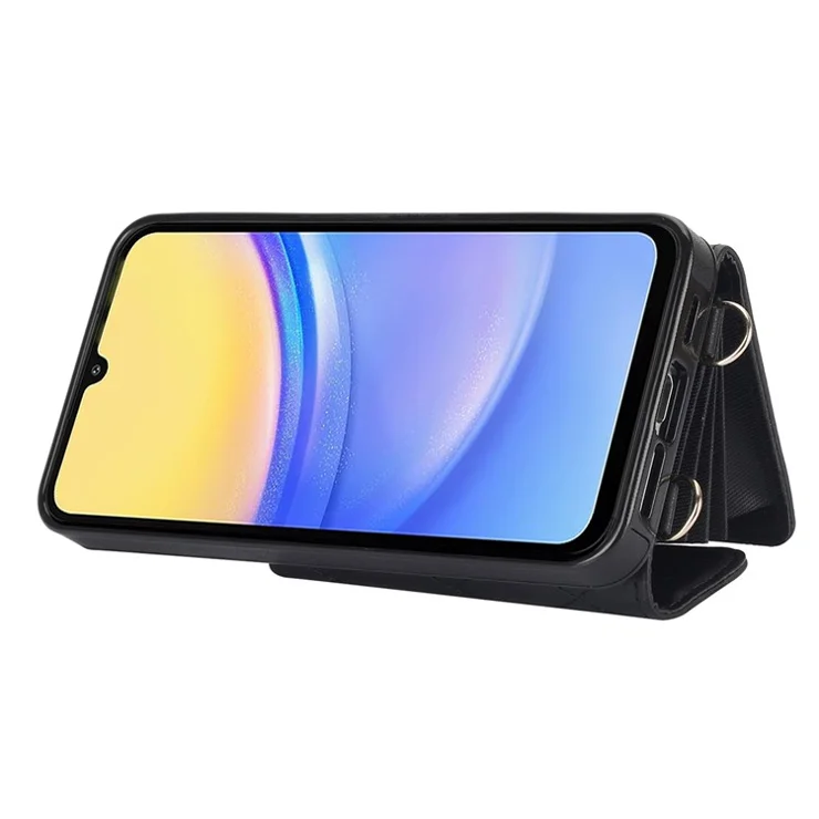 026 For Samsung Galaxy A15 4G / 5G Card Case Kickstand Leather+TPU Cover with 2 Straps - Black