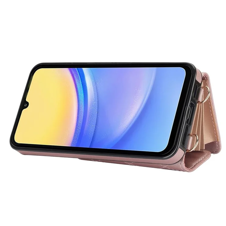 026 For Samsung Galaxy A15 4G / 5G Card Case Kickstand Leather+TPU Cover with 2 Straps - Rose Gold