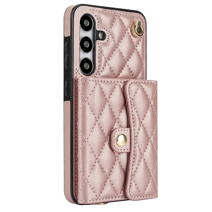 026 For Samsung Galaxy S24 Kickstand Phone Case Rhombus Grid Pattern with 2 Straps - Rose Gold