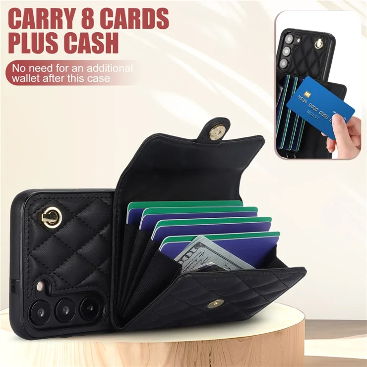 026 For Samsung Galaxy S23 Kickstand Case Card Slots Crossbody Phone Cover - Black
