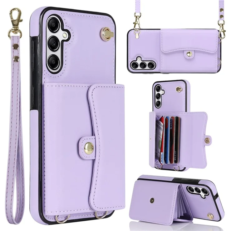 For Samsung Galaxy A14 4G / 5G Kickstand Case Card Slots RFID Blocking Cover with 2 Straps - Purple