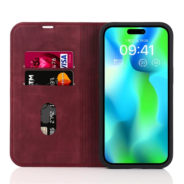 For iPhone 15 Pro Max Magnetic Phone Case PU Leather Shockproof Stand Cover - Red