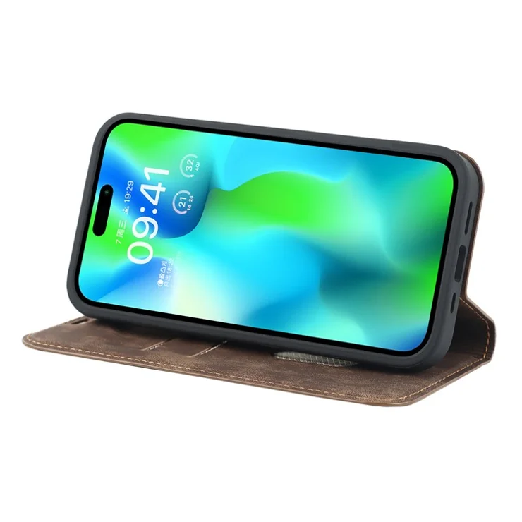 For iPhone 15 Pro Max Magnetic Phone Case PU Leather Shockproof Stand Cover - Light Brown