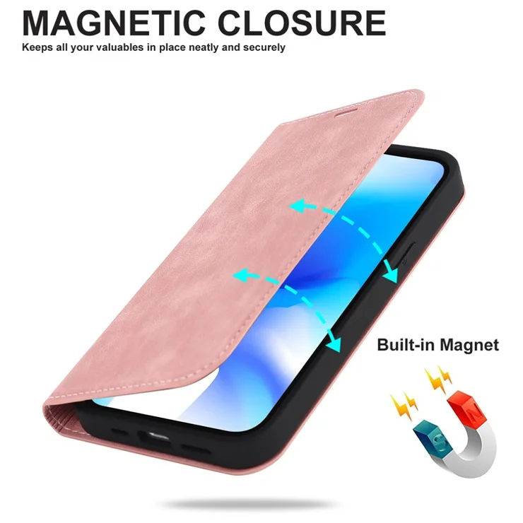 For iPhone 15 Plus Case Magnetic PU Leather+TPU Phone Protector with Foldable Stand - Pink