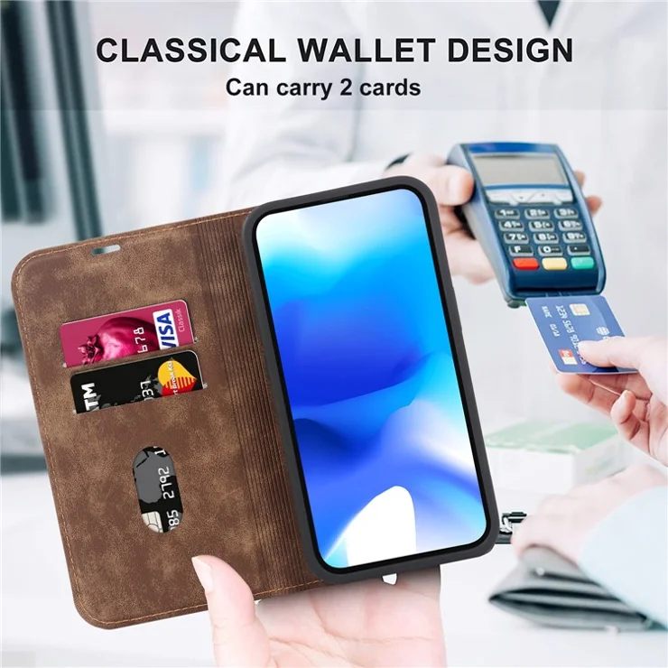 For iPhone 15 Plus Case Magnetic PU Leather+TPU Phone Protector with Foldable Stand - Light Brown