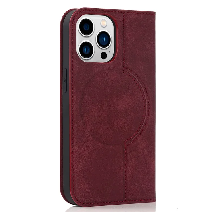 For iPhone 14 Pro Max Case PU Leather RFID Blocking Magnetic Auto-absorbed Cover - Red