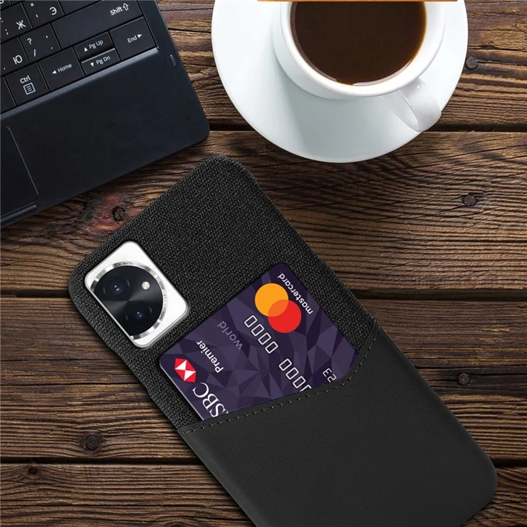 Cloth Texture Phone Case for Honor 100 5G PU Leather + PC Cover with Card Slot - Black